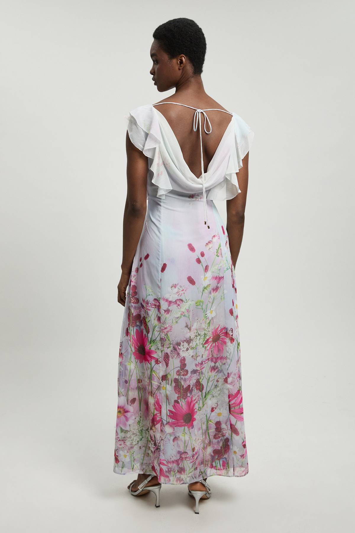 KarenMillen Robe Midi Tissée En Georgette Froissée À Imprimé Floral Et Manches À Volants