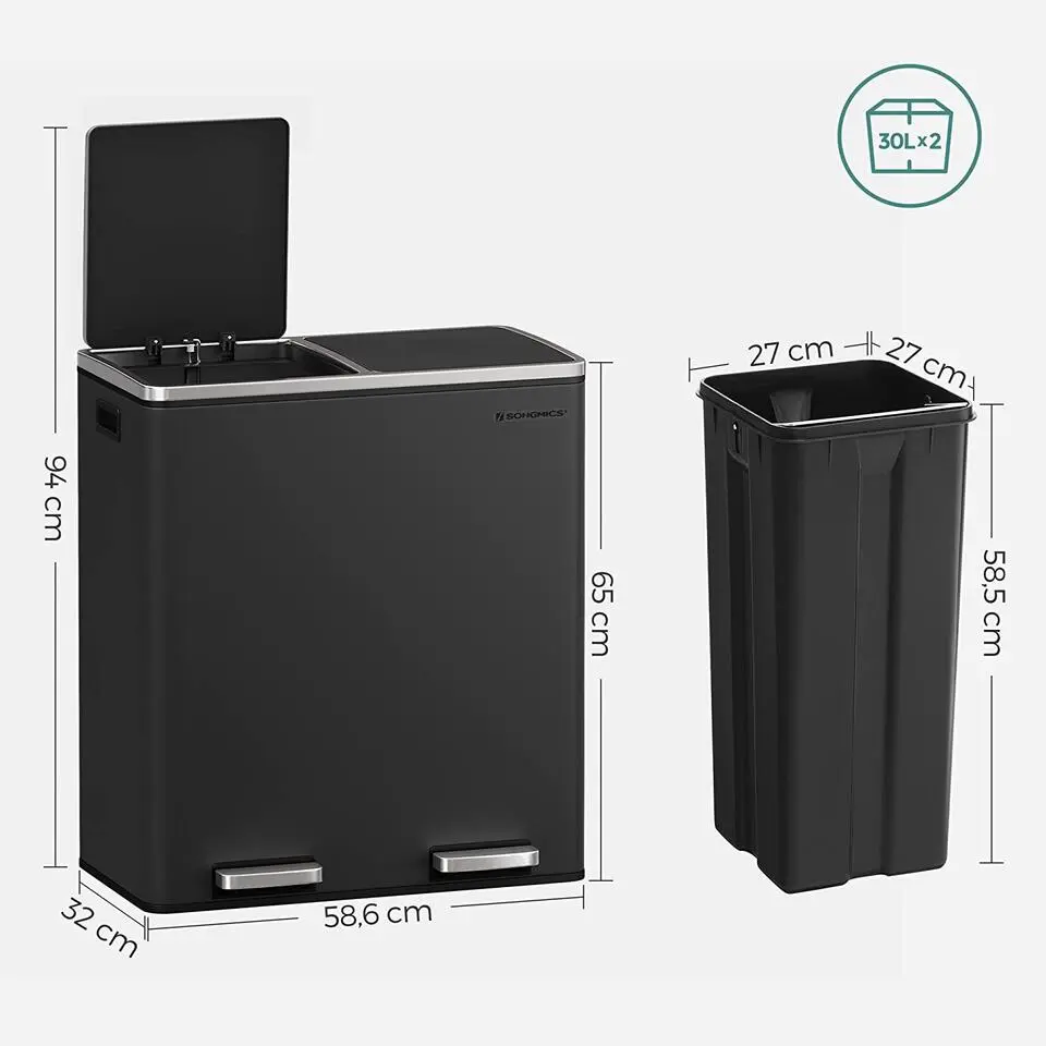 Parya Home - Zwarte Prullenbak - 2 x 30 Liter - Roestvrij Staal