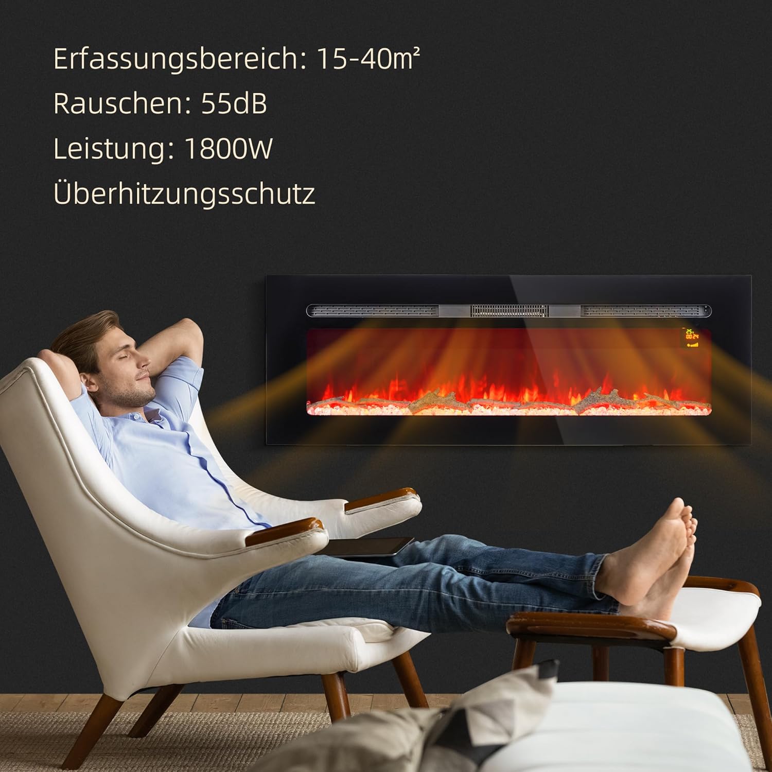 HOMCOM Elektrokamin, Wandkamin mit Heizung 1800 W, LED 3D-Flammeneffekt, Kristalle, in 3 Farben mit 5 Helligkeitsstufen, Elektrischer Kamin mit Fernbedienung, Timer, Touchscreen, Wandmontage, Schwarz