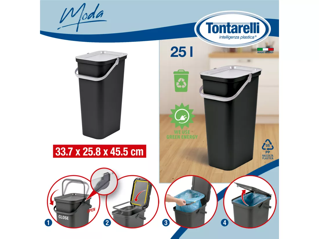 Set de 2 poubelles 25L avec poignée noir et blanc 33,7x26x45,5