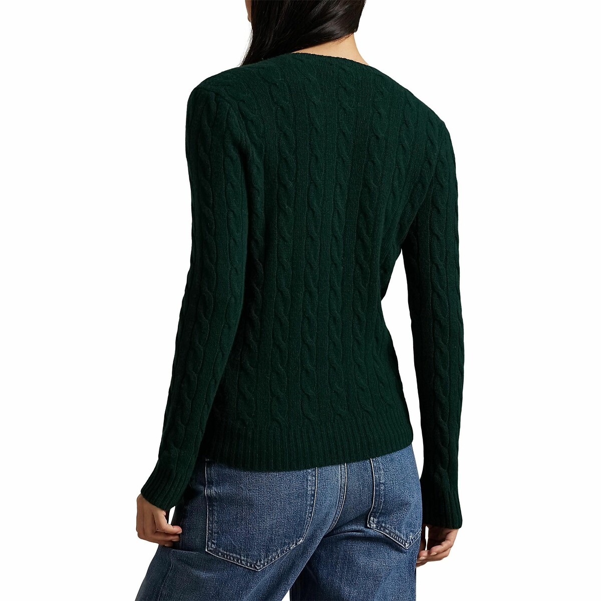 POLO RALPH LAUREN<br>Suéter de gola redonda, tricô trançado em lã e cashmere