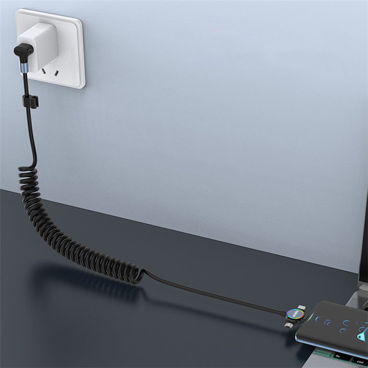 (bis 1.5m) 66W 3in1 USB A auf USB C / Lightning / Micro USB 90 Grad Winkel Spiral Ladekabel Flexibles Datenkabel - Schwarz