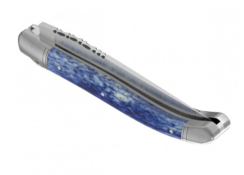 Couteau Laguiole avec un manche en os de girafe teinte bleu et 2 mitres en acier inoxydable