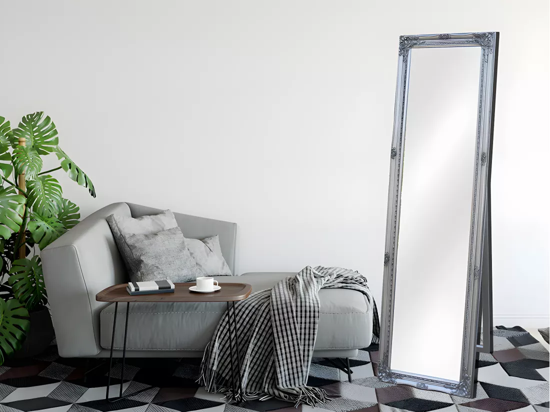 Miroir sur pied en bois d'eucalyptus avec moulures - L. 50 x H. 170 cm - Argenté - ELVIRE