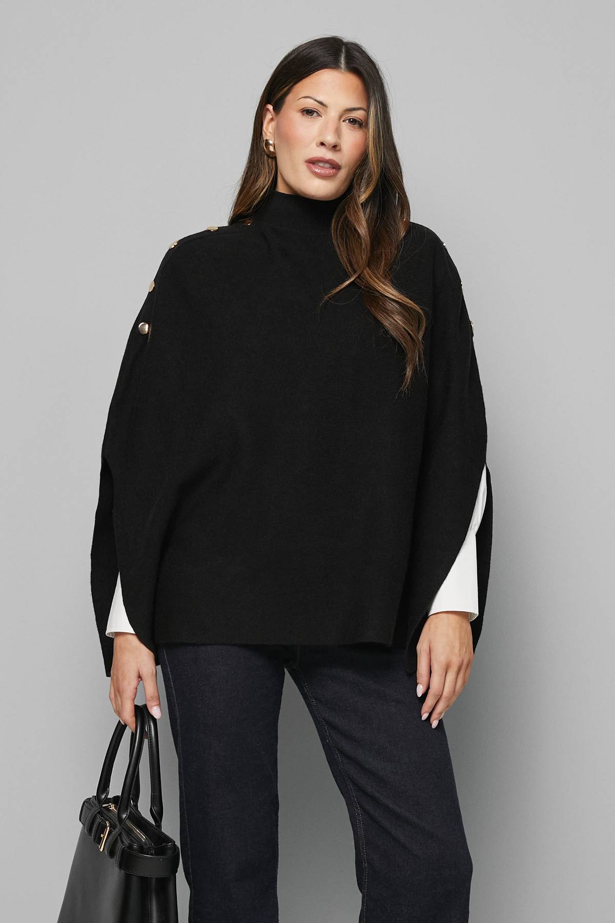 Wallis synthétiquell Poncho Tricoté Col Montant avec Détails Boutonnés