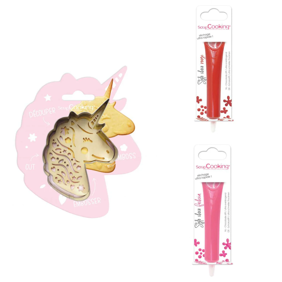 Kit pour biscuit en relief Licorne + 2 Stylos au chocolat rouge et fuc