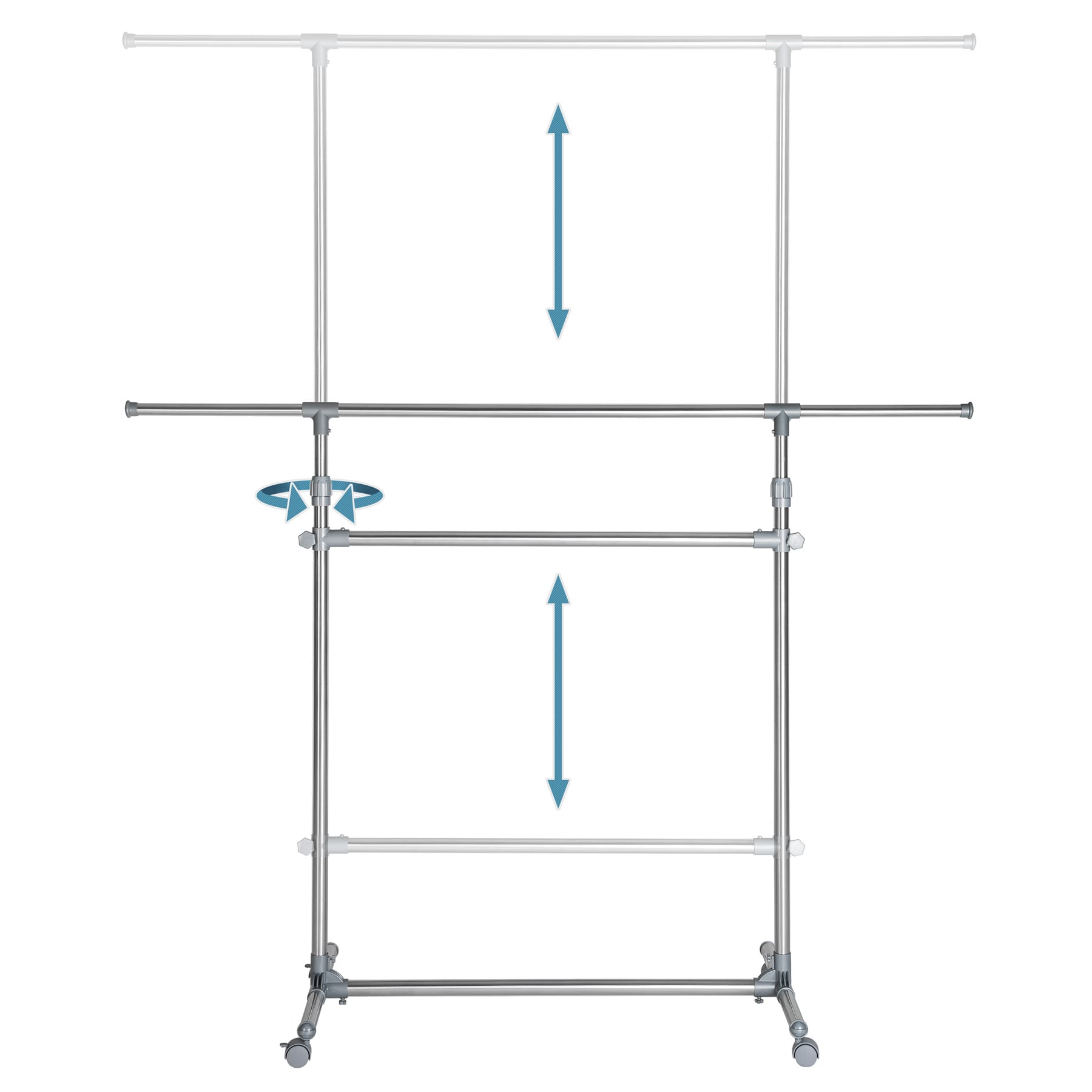tectake® Kleiderständer, auf Rollen mit 2 Festellbremsen, obere Stange ausziehbar, 102 - 165 x 48 x 112 - 200 cm