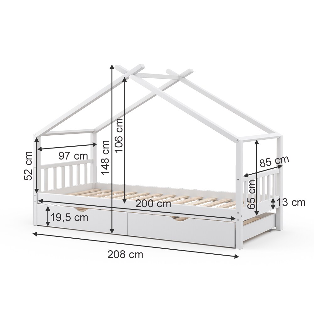VITALISPA Kinderbett DESIGN Hausbett Gästebett Lattenrost weiß 90x200 Matratze