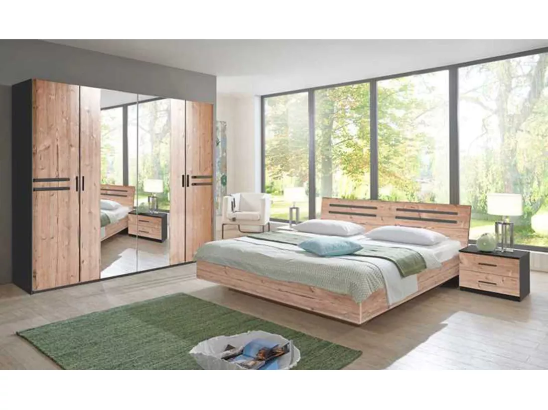 Chambre à coucher compléte adulte (lit 160 x 200 + 2 chevets + armoire) coloris effet bois