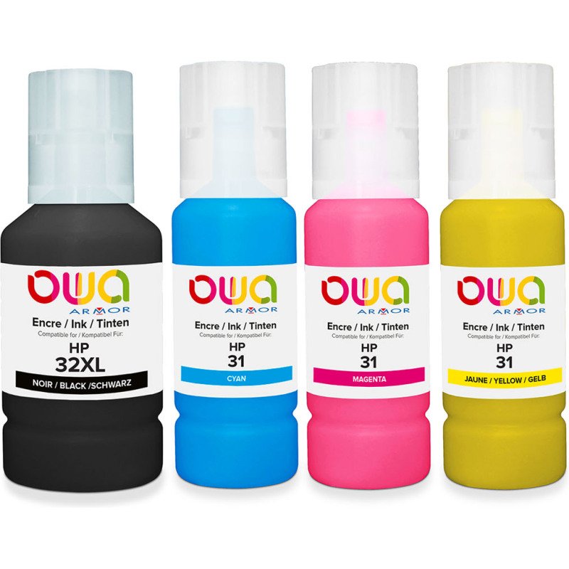 Pack de 4 bouteilles d'encre compatibles OWA - Noir Cyan Magenta Jaune - Equivalent HP32XL HP31