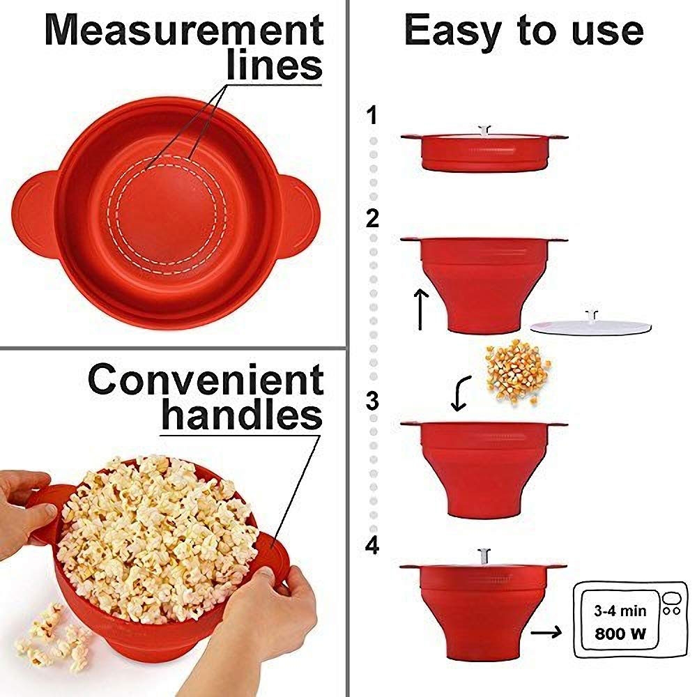 (20cm) Faltbare Silikon Mikrowellen Popcorn Schüssel mit Deckel - Rot