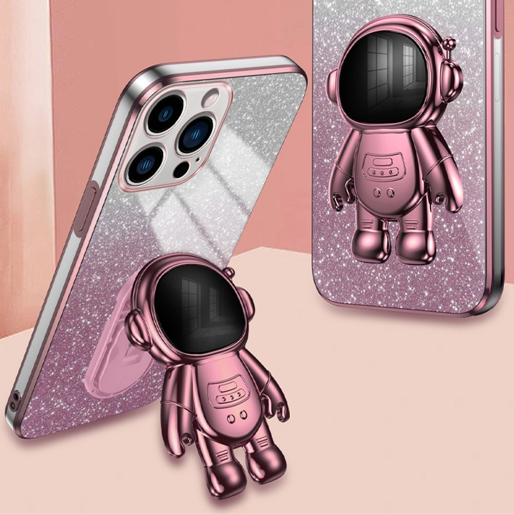 iPhone 15 Pro Hybrid Hardcase Glitzer Hülle   Astronauten Kickstand Aufsteller   Kameraschutz - Rosa / Silber