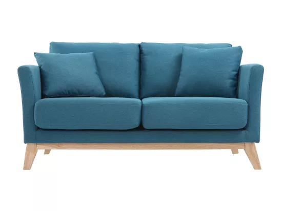 Canapé scandinave déhoussable 2 places en tissu bleu canard et bois clair OSLO