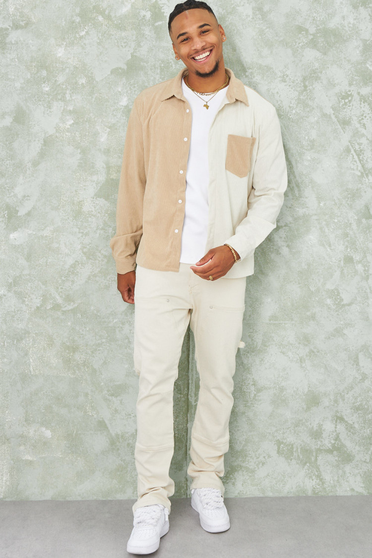 Chemise bicolore beige et écru en velours côtelé