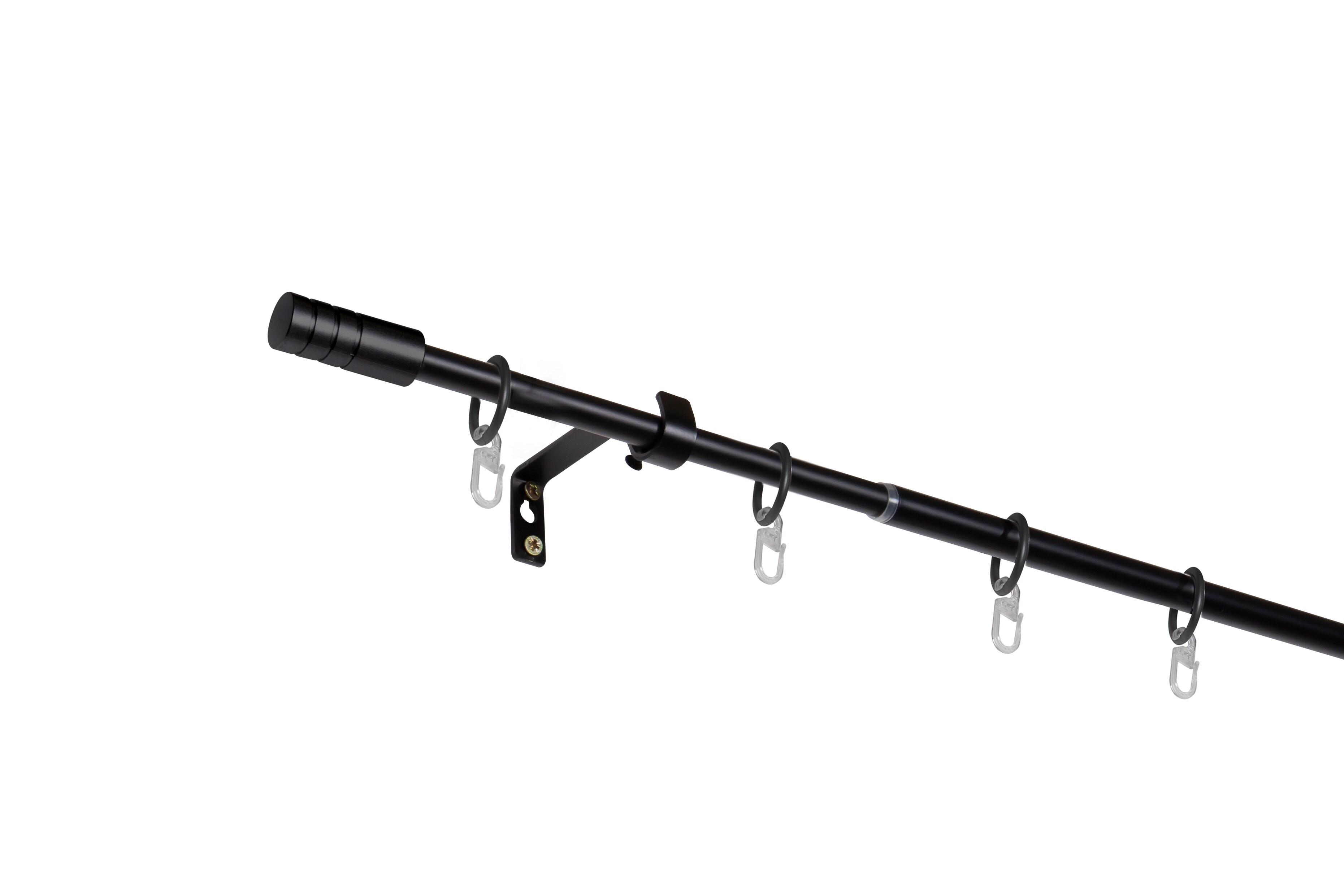 Ondeco Gardinenstange ausziehbar 1-lauf Wandmontage Endstück Rille, Komplettgarnitur 13/16 mm mit Ringen Größe: 120-210 cm, Farbvariante: Schwarz
