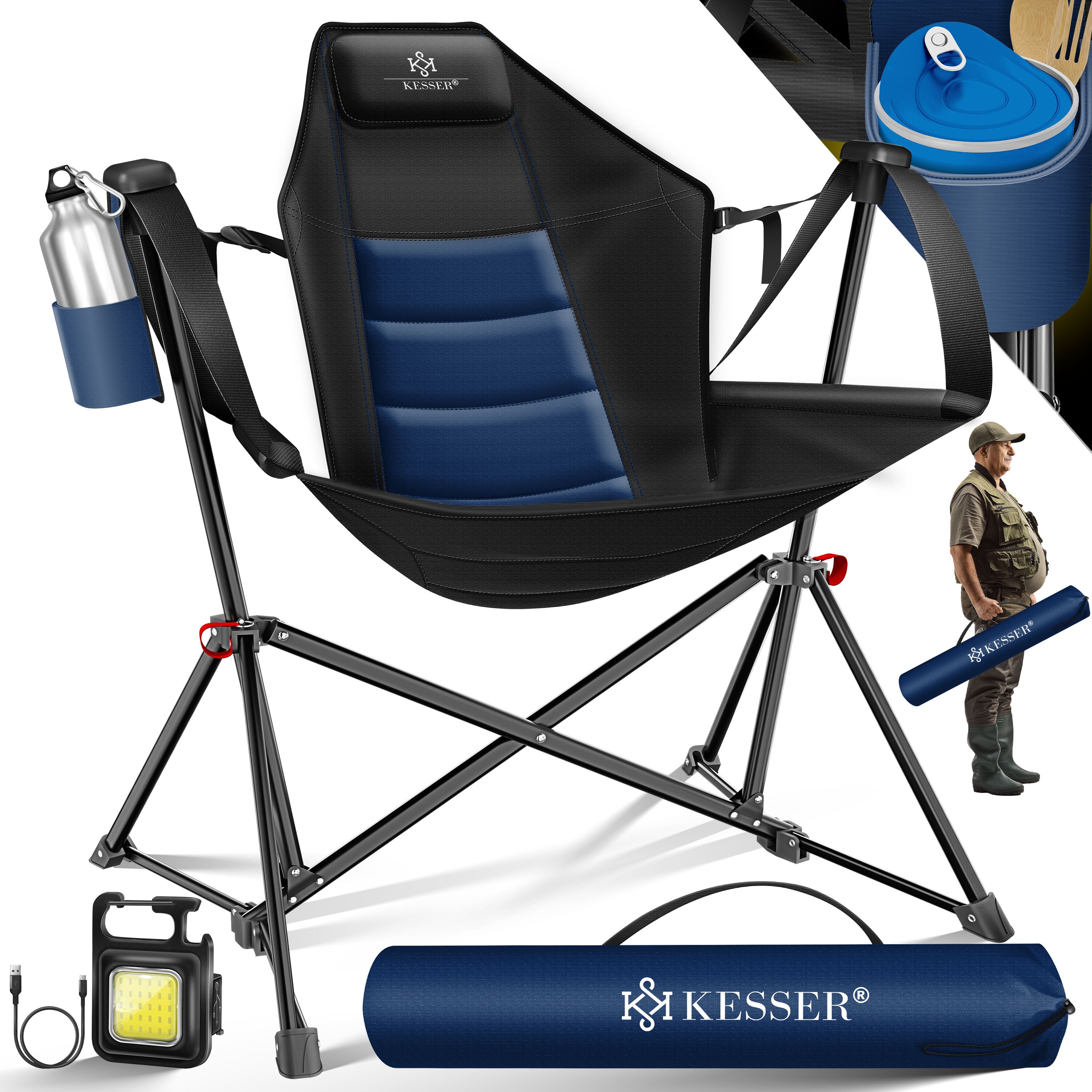 KESSER® Campingstuhl faltbar bis 160 kg | Angelstuhl Faltstuhl Klappstuhl Gepolstert mit Armlehnen | Campinglicht und Getränkehalter + Tasche mit hoher Rückenlehne | Strandstuhl mit Wippfunktion