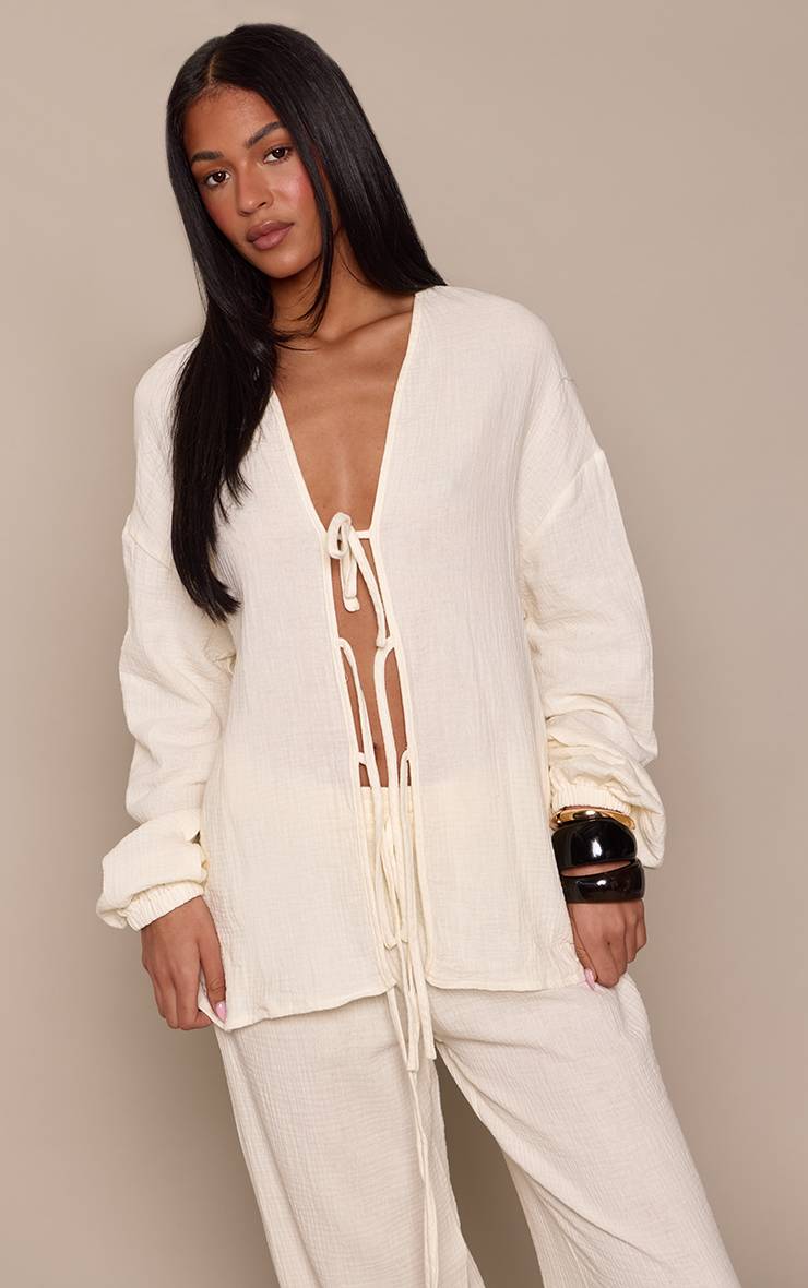 Crème Ensemble Chemise Grande Taille En Gaze Texturée Avec Lien À Nouer Devant