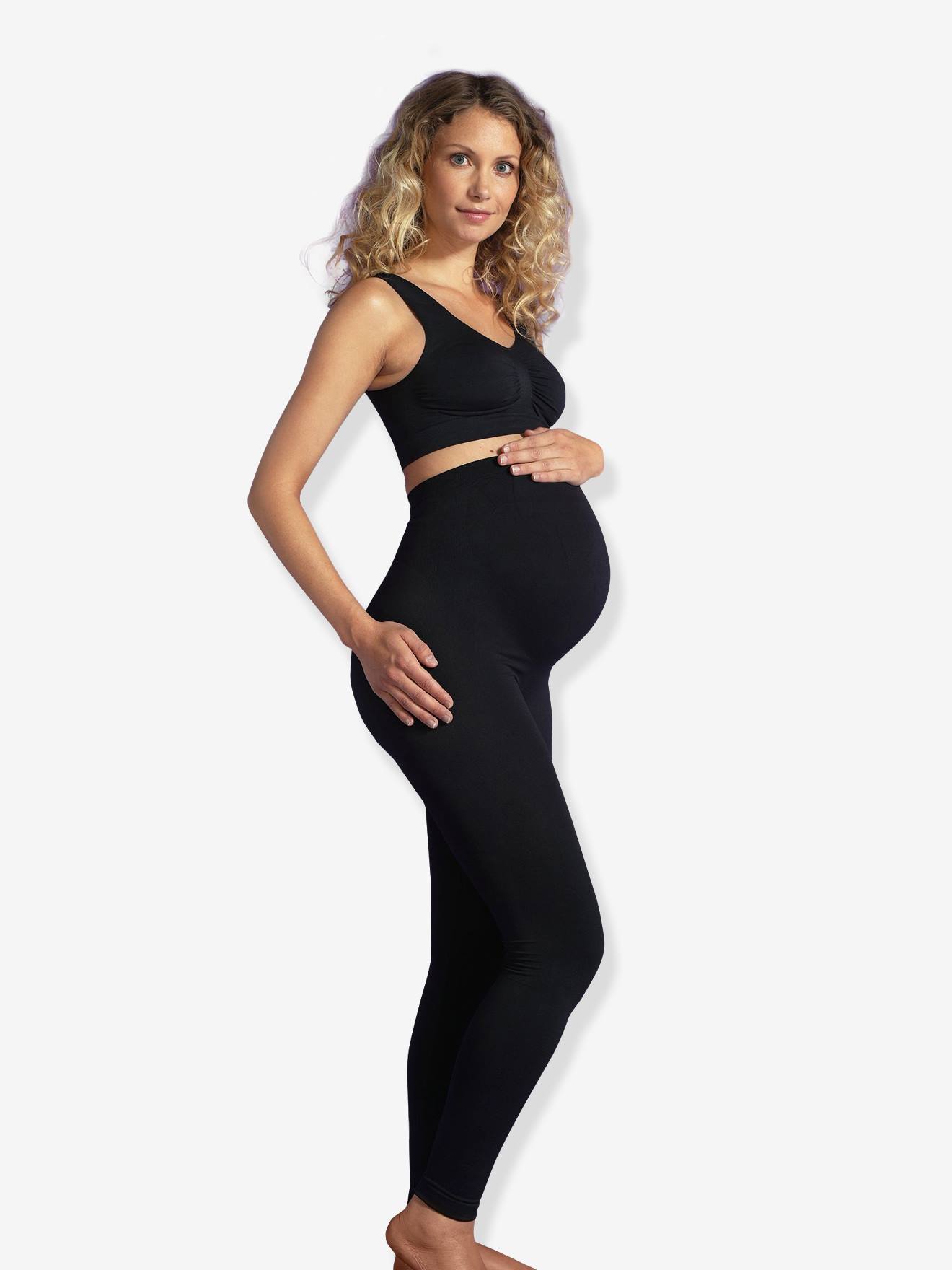 Leggings de maternidade CARRIWELL em tecido elástico com espuma viscoelástica, tamanho médio, pretas, lisas.