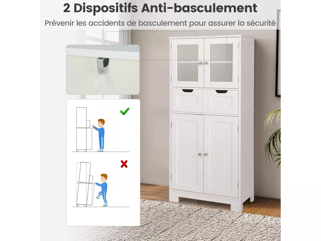 Colonne Salle de Bain 60 x 30 x 128 cm Armoire Haute avec Étagères Réglables pour Salon, Cuisine, Blanc