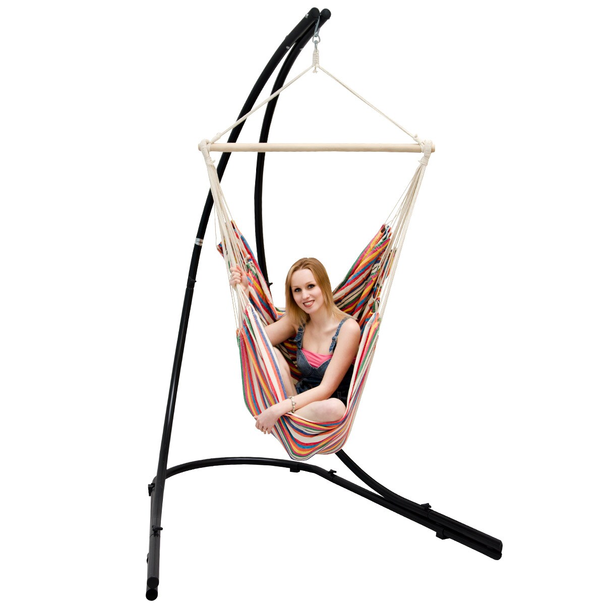 Freistehendes Stahl-Hängestuhlgestell 210cm inkl. XXL Hängesessel aus Baumwolle mit Swivel 185x130cm