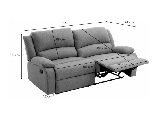Canapé relax manuel 3 places avec 2 assises XXL Léo en tissu - Beige - L193 x P93 x H96cm - Loungitude