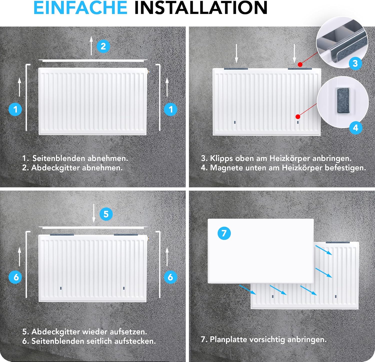 Belrad® Planheizkörper Typ 22 - glatt & plan, Universalheizkörper für Wandmontage, Mittelanschluss, inkl. Halter & Ventil, RAL 9016 reinweiß, 8 Anschlüsse 500x600 mm (HxB)