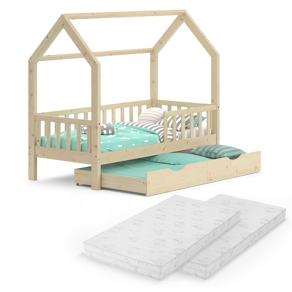 VitaliSpa Kinderbett Hausbett Gästebett Wiki Natur 80x160cm Schublade Matratzen