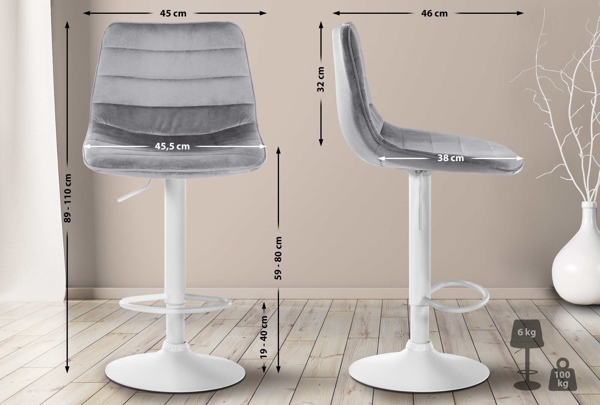 CLP 2er Set Barhocker Lex I Samt-Bezug I Höhenverstellbar