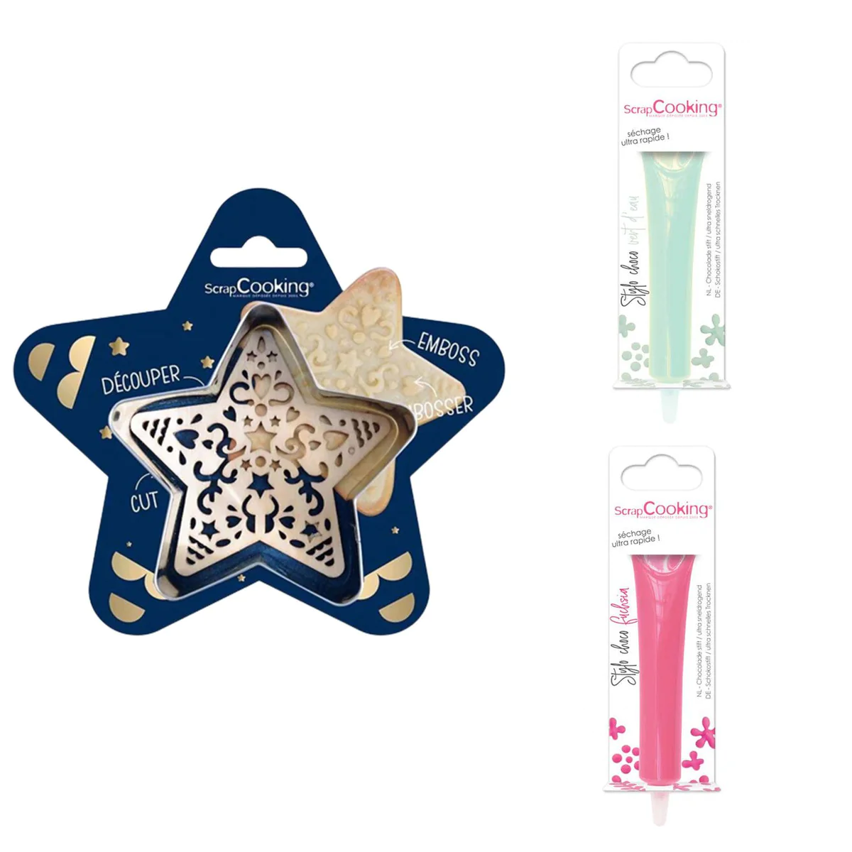 Kit pour biscuit en relief Étoile + 2 Stylos au chocolat vert d'eau et