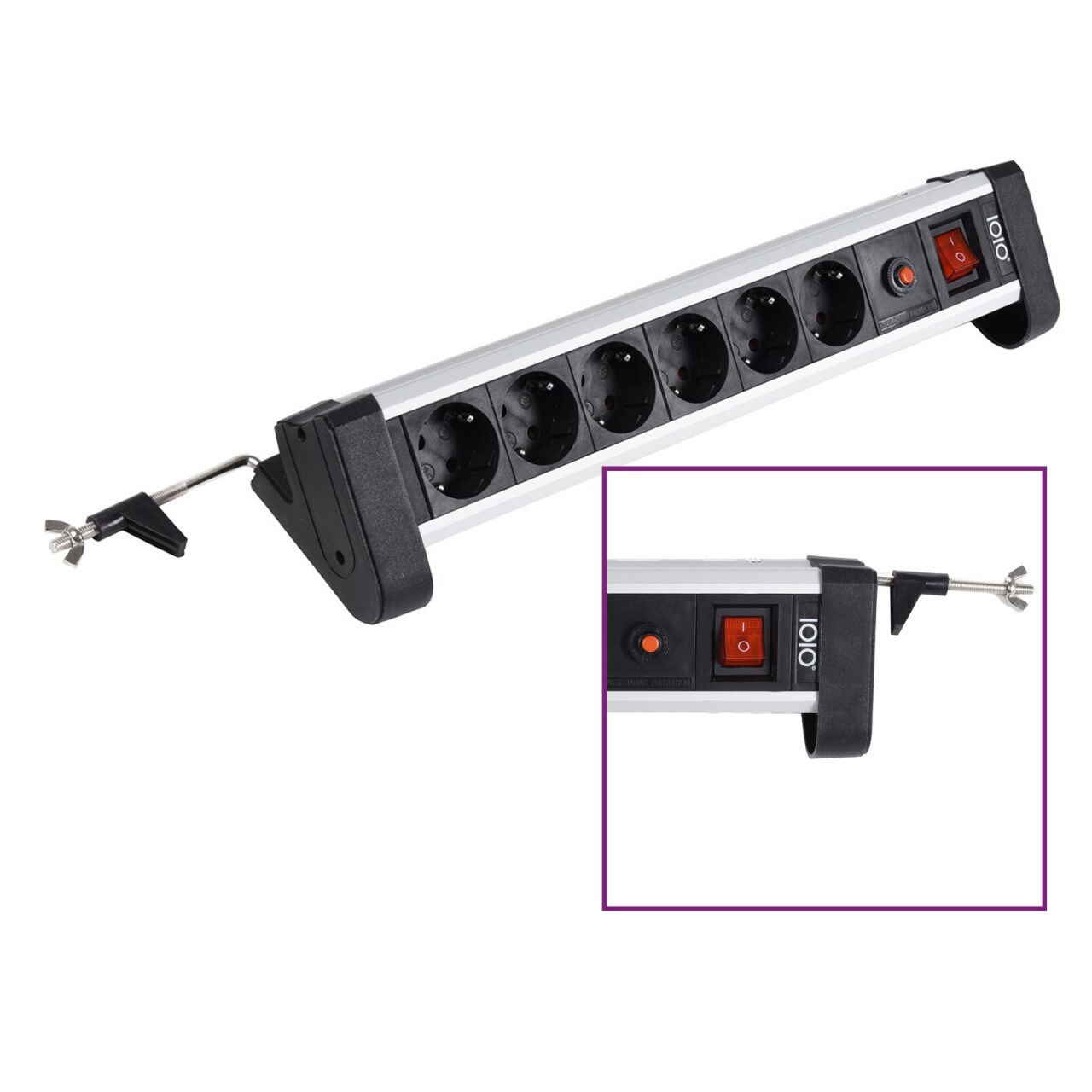 IOIO SL 2625S Aluminium 6-fach Tisch-Steckdosenleiste mit Überlastschutz, Ein/Aus-Schalter und Schreibtischhalterung