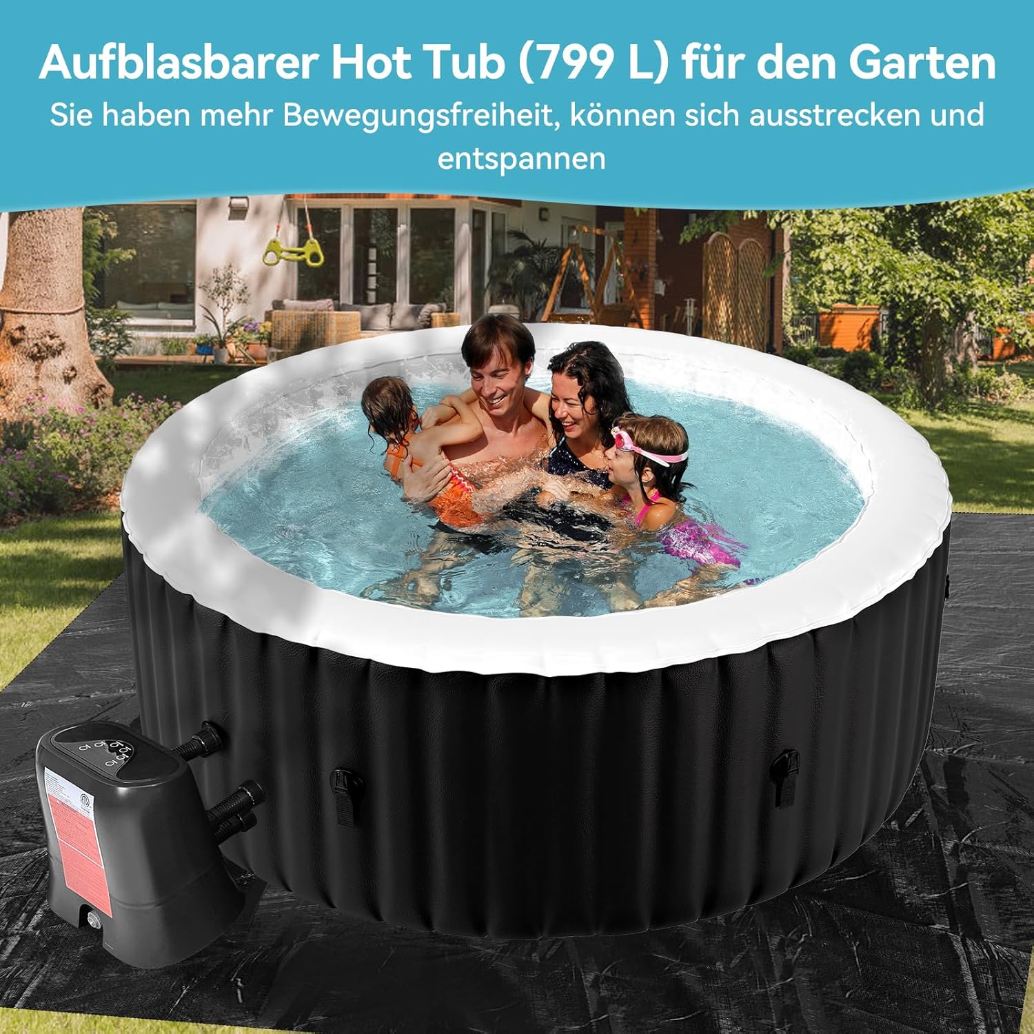 Hot Tub Aufblasbar für 4 Personen, 2400W In/Outdoor SPA Pool Winterfest Mit 120 LuftdüSen, Frostschutz, 799 Liter, Auslaufsichere, Energiesparend, Auto Aufblasen, Bubble Spa & Wellness Massage