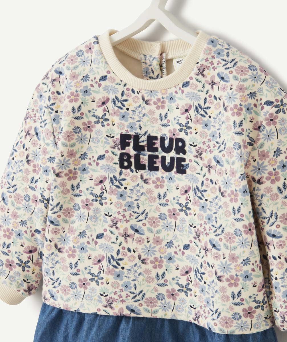 ROBE BÉBÉ FILLE EN BI-MATIÈRE DENIM ET IMPRIMÉE FLEURI