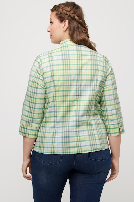 Bluse, Karo, Slim, Kelchkragen, V-Ausschnitt, 3/4-Arm