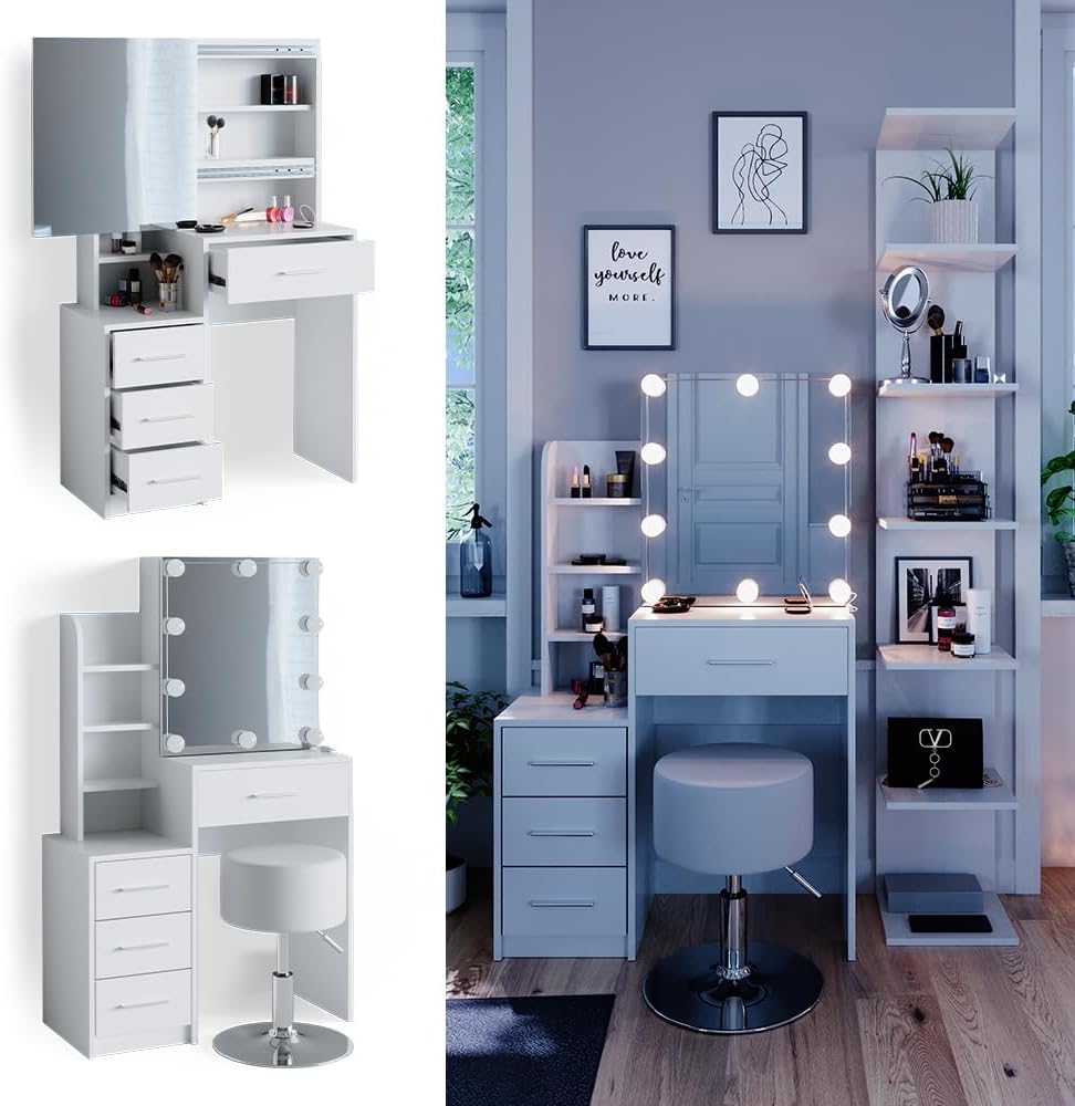 Vicco Schminktisch Conrada, Weiß, 80 cm mit LED Beleuchtung und Hocker