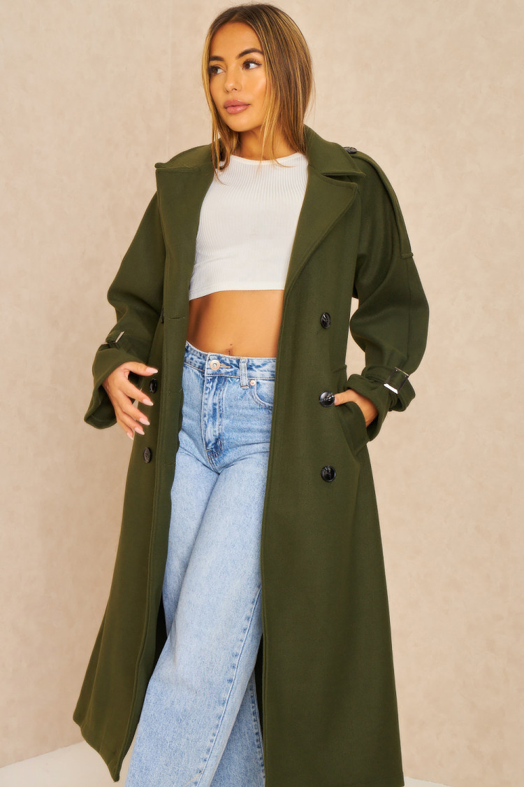 Manteau long duveteux style trench kaki