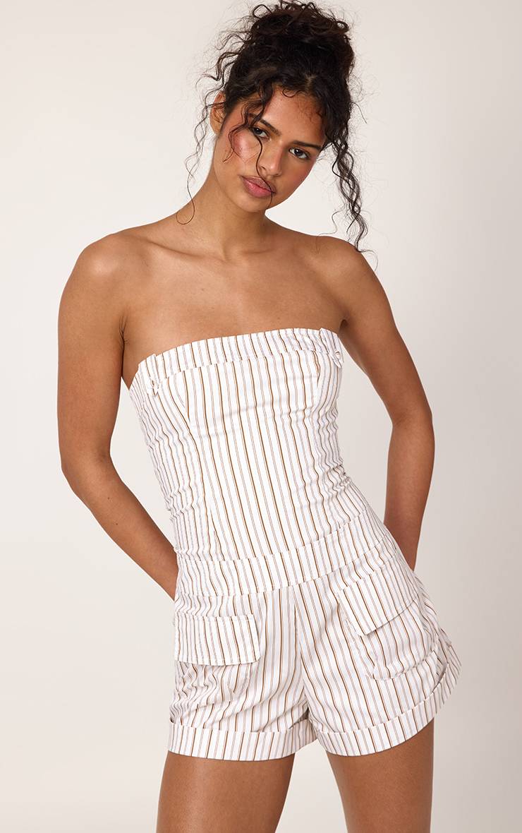 Crème Combinaison-short Bandeau À Rayures Fines Tissées Avec Poches