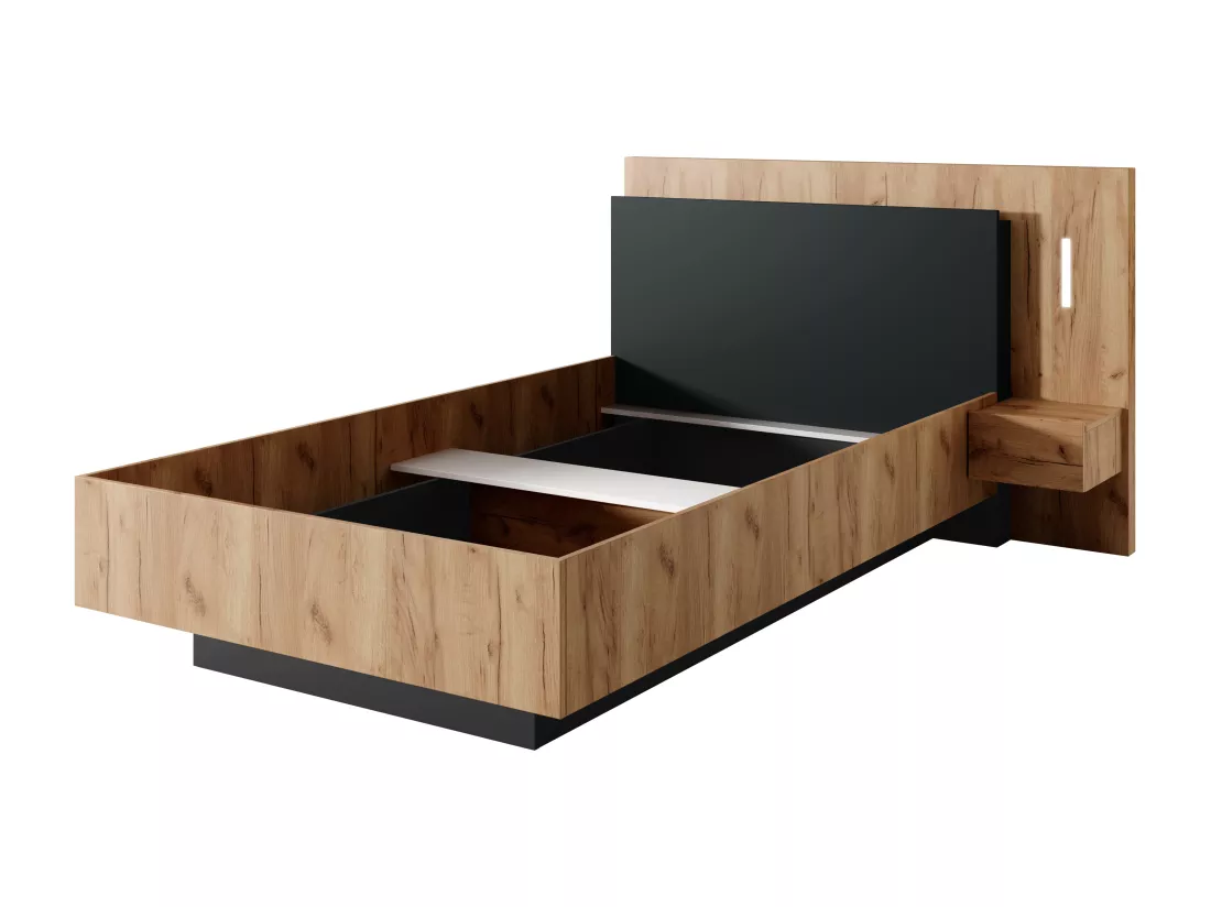 Lit avec chevet 120 x 200 cm - 1 tiroir - Avec LEDs - Coloris : Naturel et anthracite - FRANCOLI