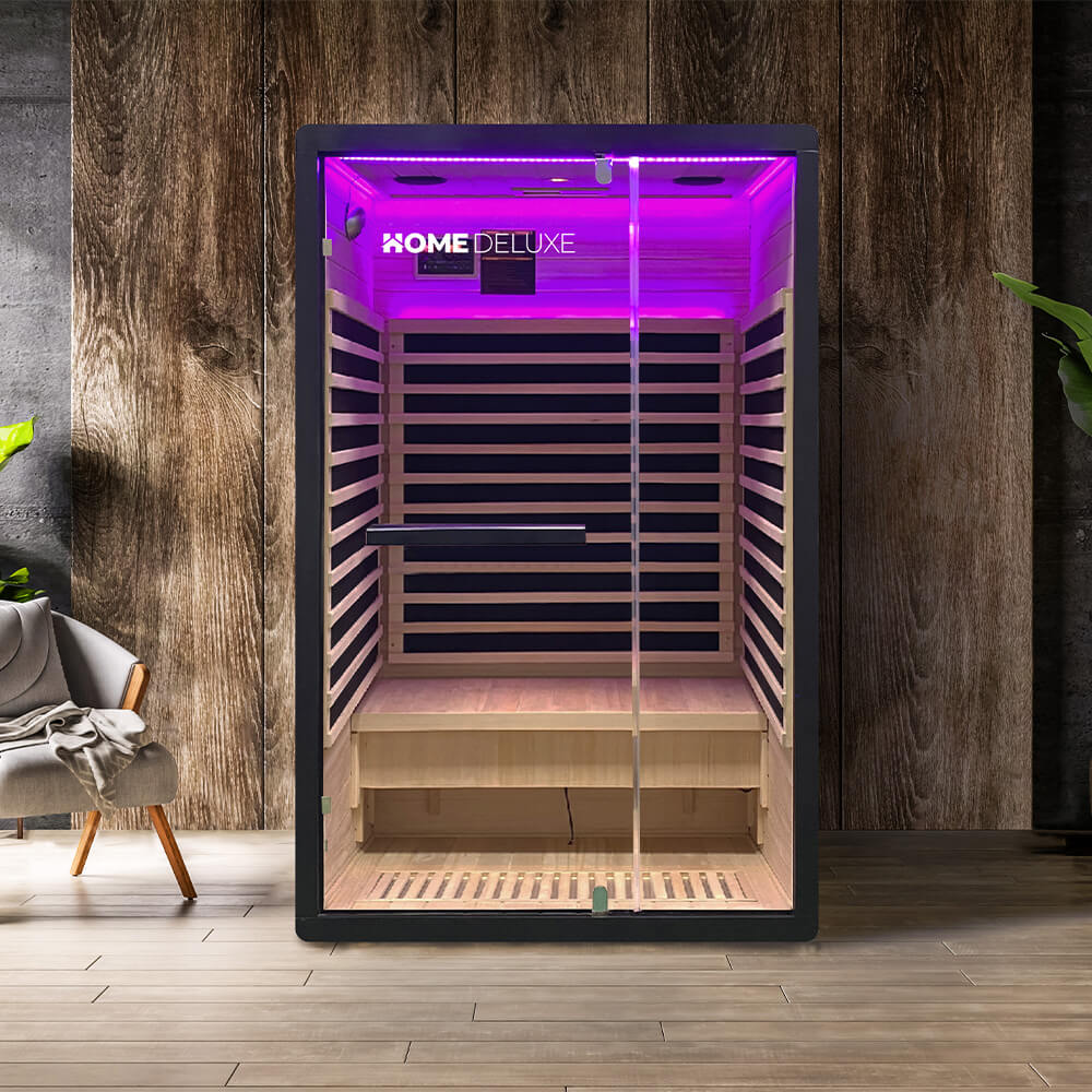 Home Deluxe – Infraroodcabine – NERO - M – 120 x 105 x 190 cm – voor 2 personen, 4 koolstofpaneelverwarmers – Hout: Hemlockspar | Infraroodsauna, sauna, warmtecabine, infrarood