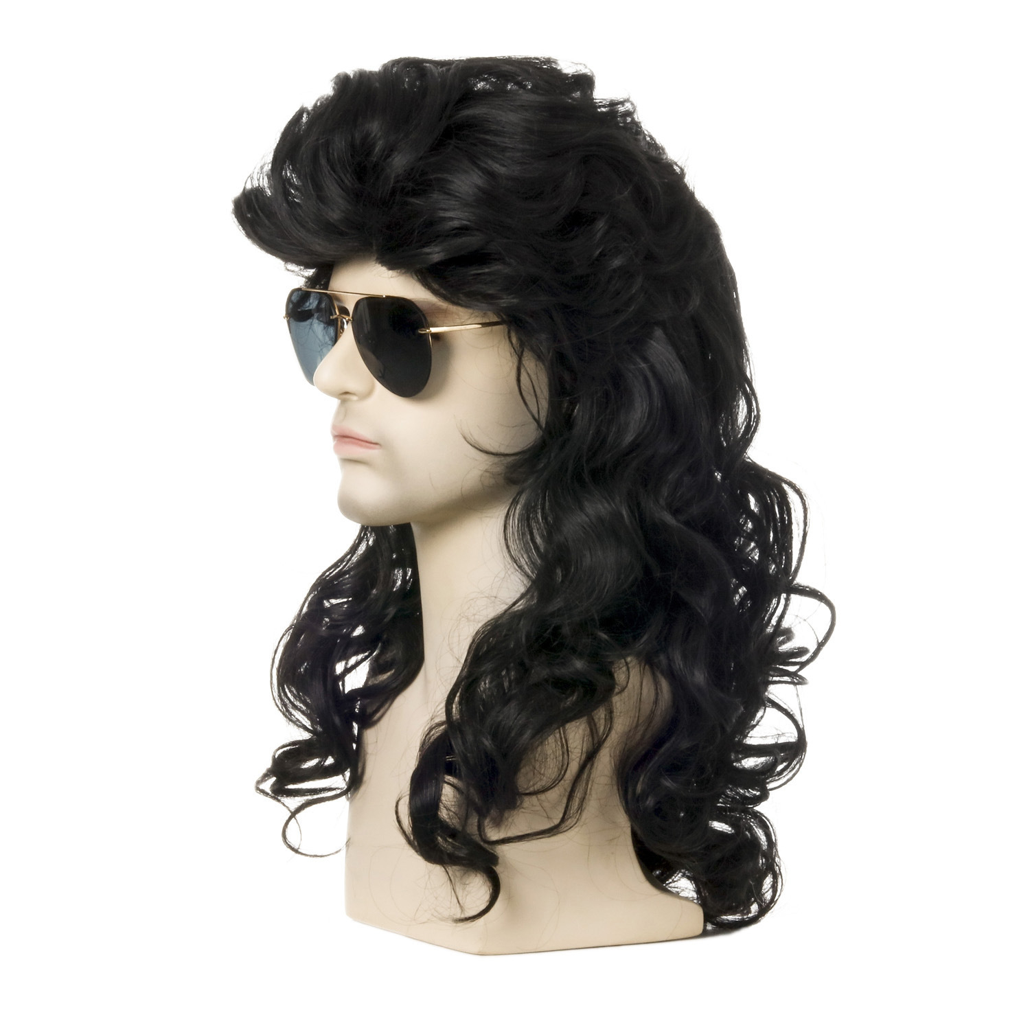 (60cm) Vokuhila Perücke mit Locken Pop Rock Fasnacht Kostüm Zubehör Motto Party / Halloween Accessoire - Schwarz