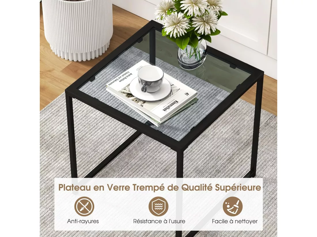 Table d'Appoint Carrée d'Extérieur en Verre Trempé, Table de Jardin Bistro Cadre en Métal Charge 30 kg, Petite Table Basse pour Patio Balcon Terrasse, 43 x 43 x 45 cm, Noir