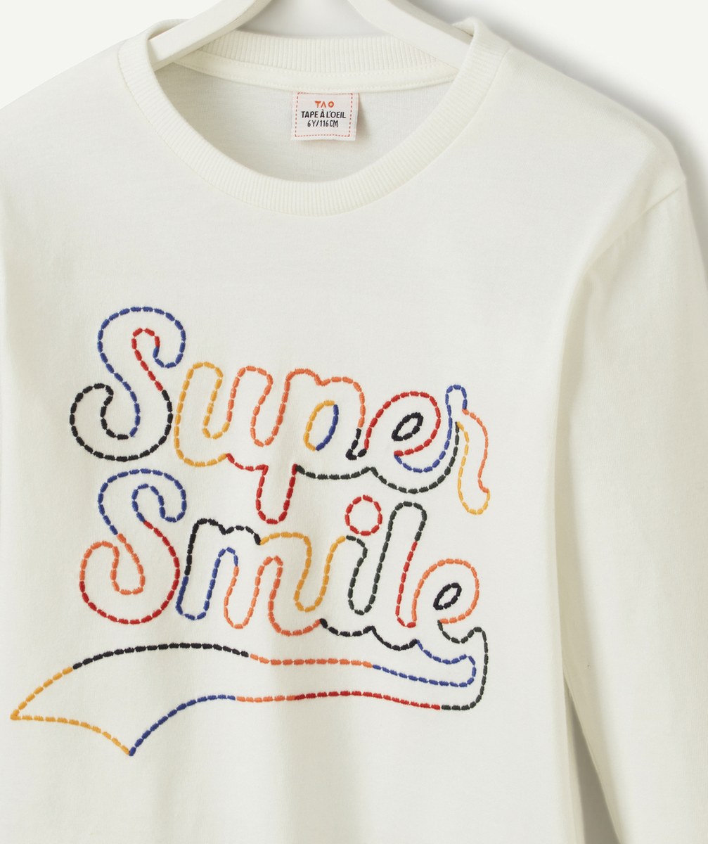 T-SHIRT GARÇON EN COTON BIO BLANC AVEC MESSAGE BRODÉ COLORÉ