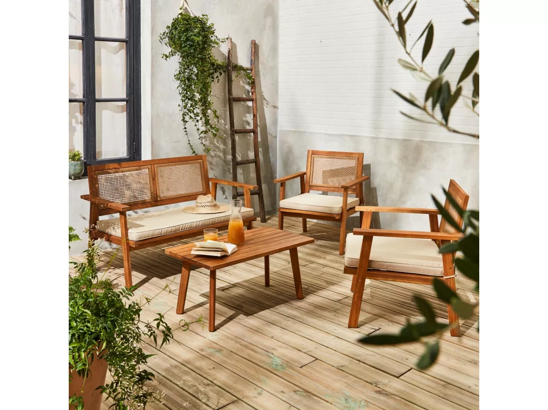 Salon de jardin. Bohémia. cannage carré. canapé 2 places. 2 fauteuils. 1 table basse 117x64x74 cm