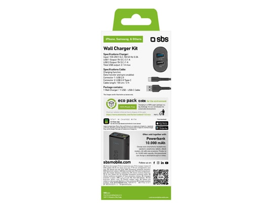 SBS - Chargeur secteur Kit voyage USB de recharge avec câble de type C