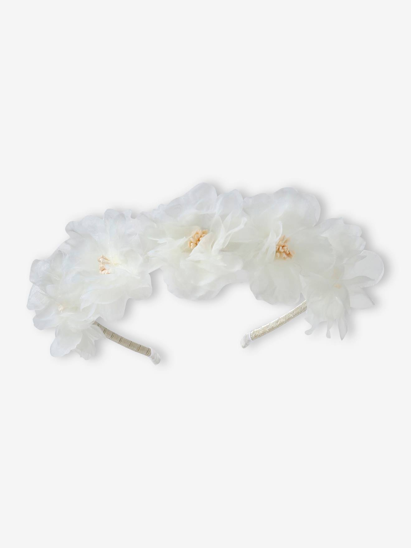 Tiara com flores brancas aplicadas em branco