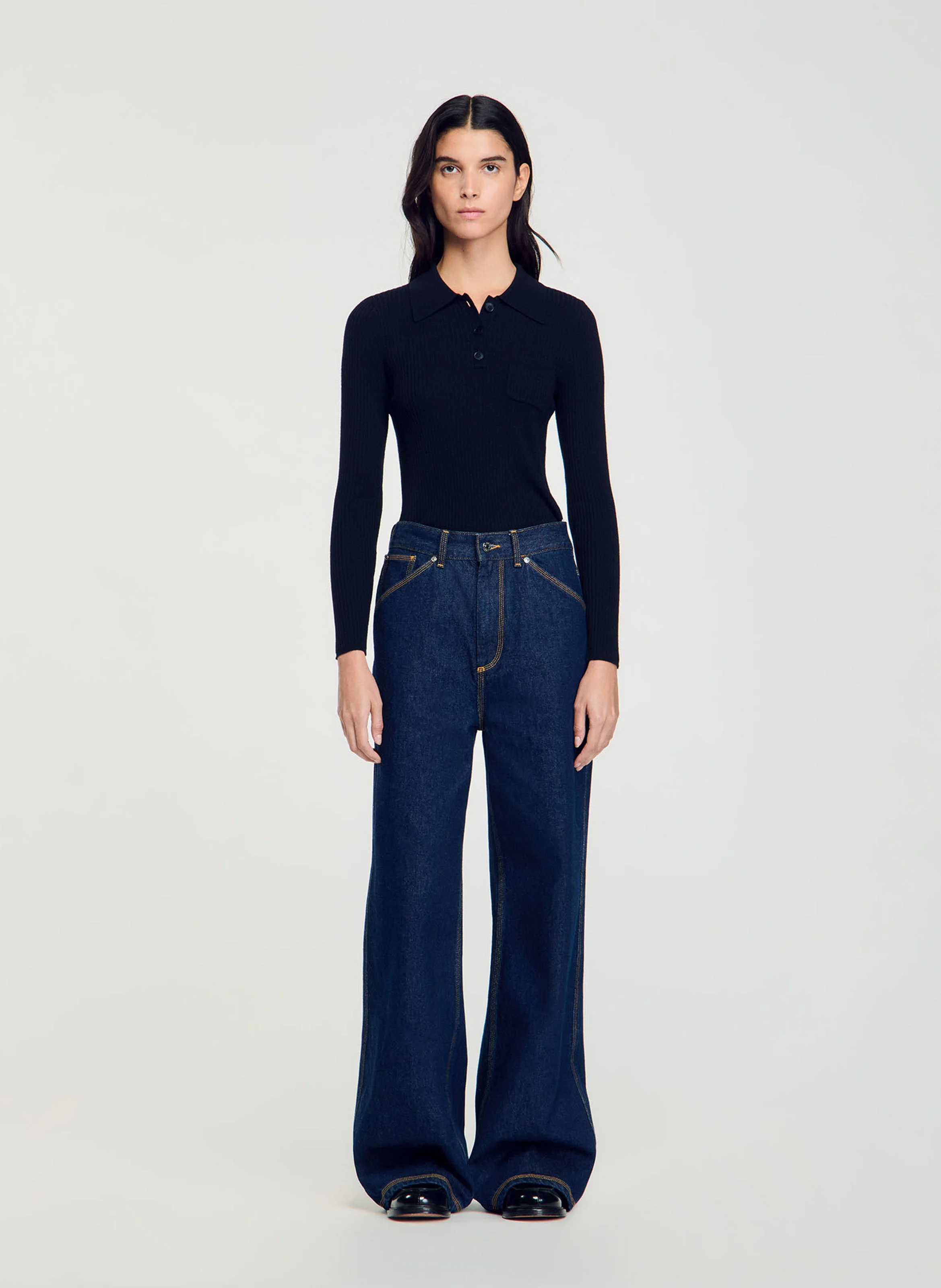 Pull col polo droit en maille | Bleu