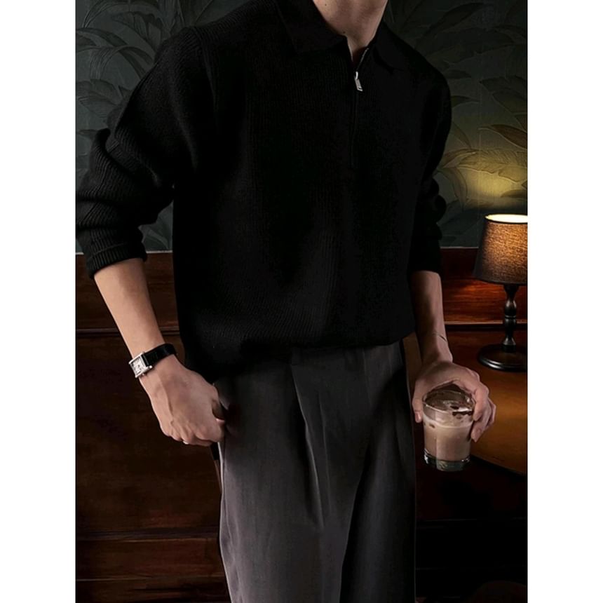 Nightbell - Poloshirt met lange mouwen en halve rits in effen breisel