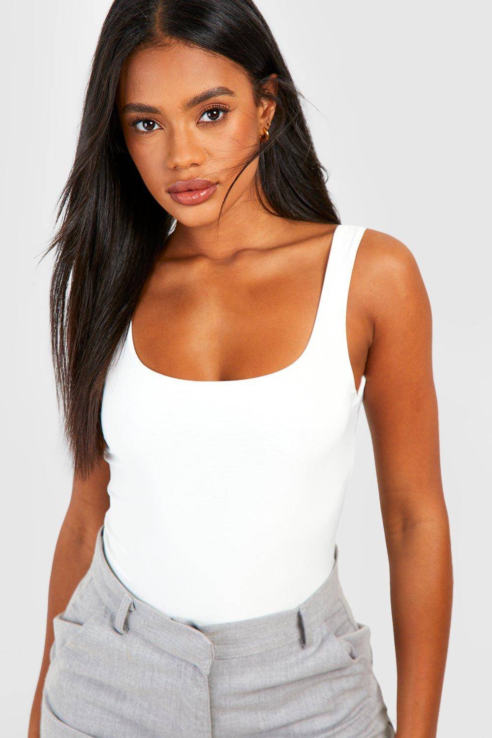 boohoo Square Neck Slinky Double Layer Bodysuit