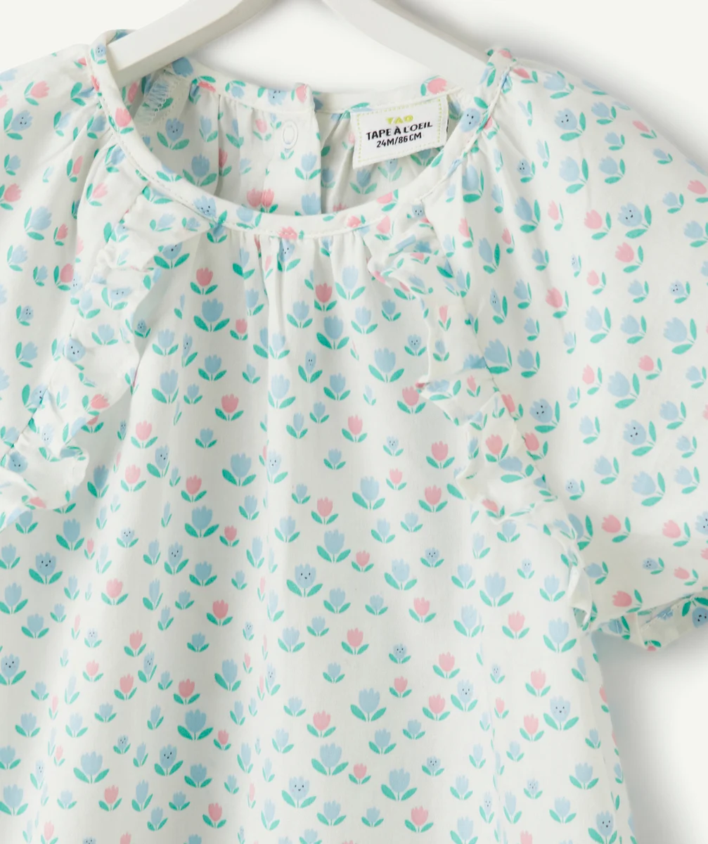 blouse manches courtes bébé fille en coton imprimé fleuri rose et bleu