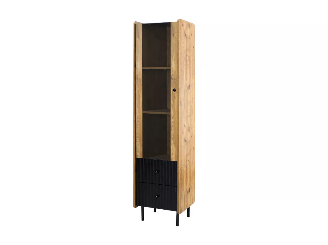 Buffet 180 cm - avec LED et porte vitrée - 2 tiroirs - Naturel + Noir