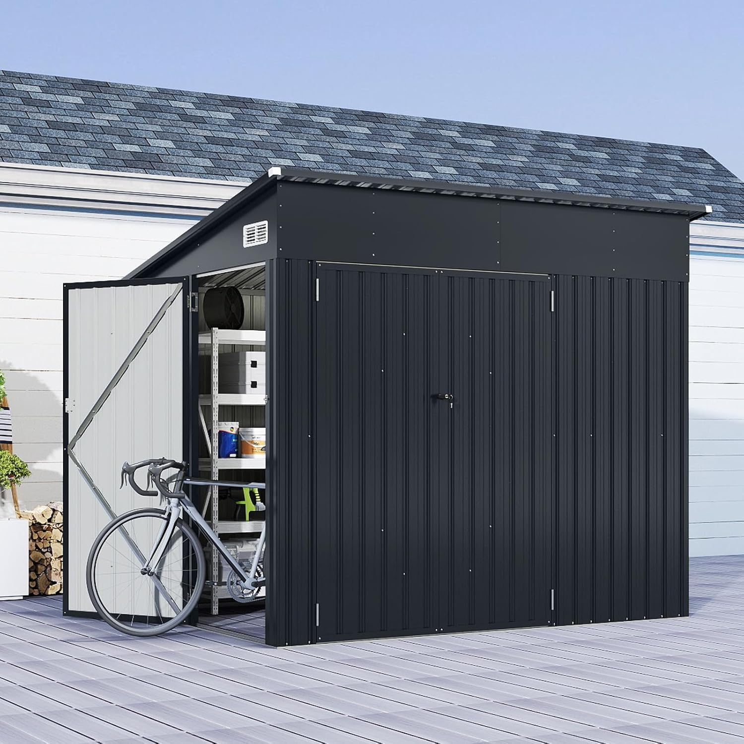COSTWAY Gartenhaus Metall, 235 x 174 x 197 cm, Gerätehaus mit Vordertür & Seitentür & Pultdach, Geräteschuppen abschließbar, Gartenhütte Gartenschuppen, Garten Schuppen Outdoor
